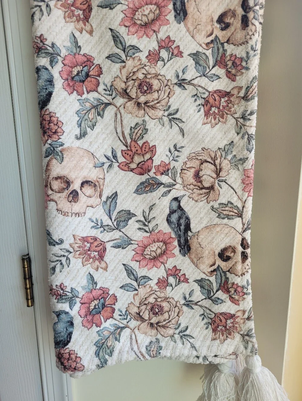 Tahari Cream Halloween Throw with Skulls, Crows And Pink & Green Floral Motif
